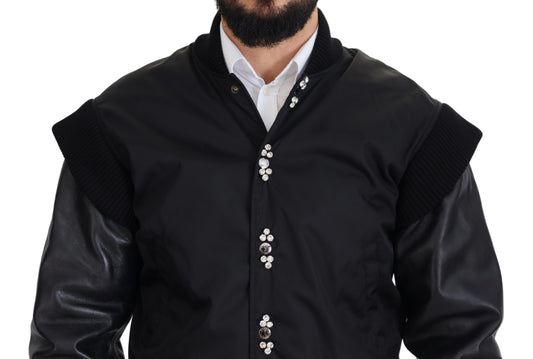 Black Nylon Crystals Coat Buttons Jacket
