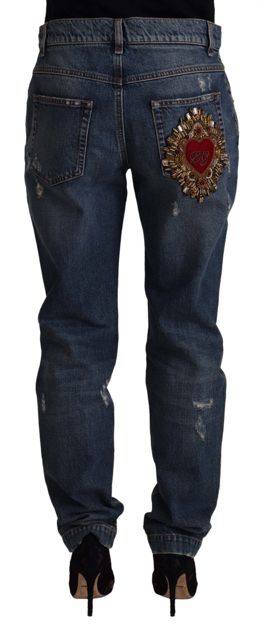 Blue Denim Baroque Heart Logo Patch Pants Jeans
