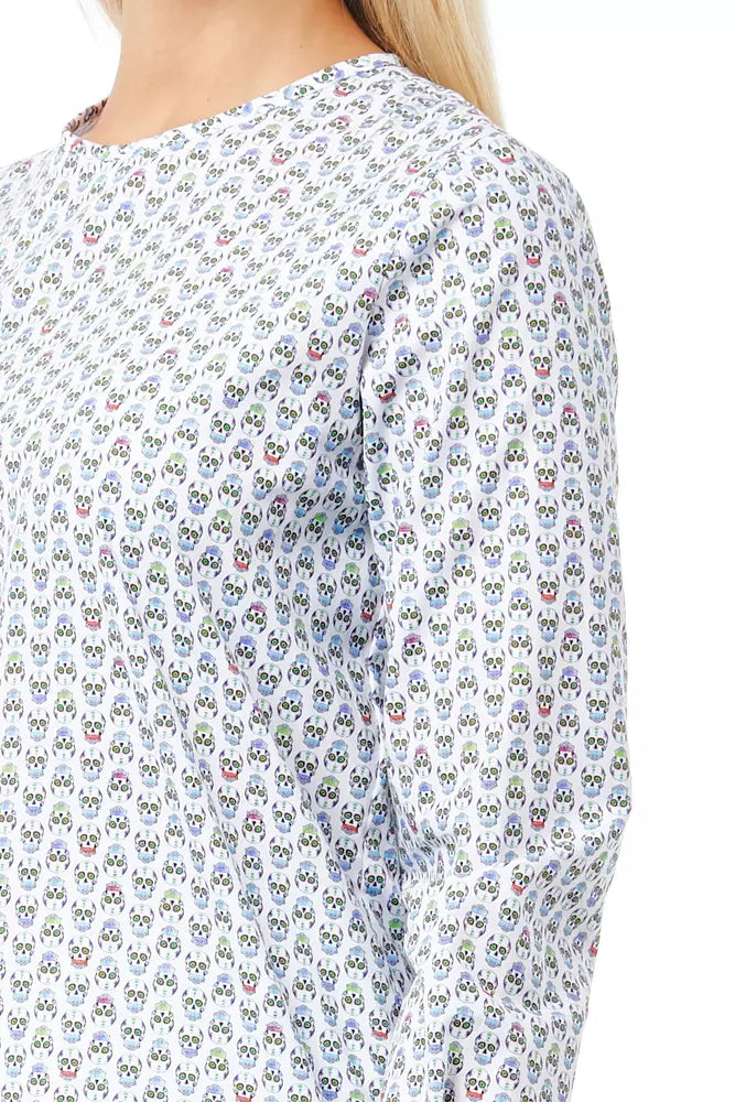 White Cotton Women Shirt with Skull Print Closure Detail