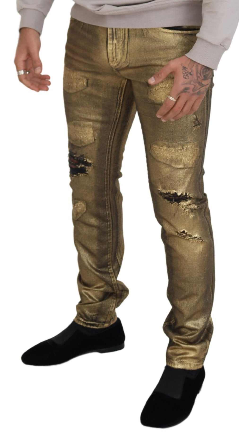 Gold Cotton Tattered Skinny Men Denim Jeans