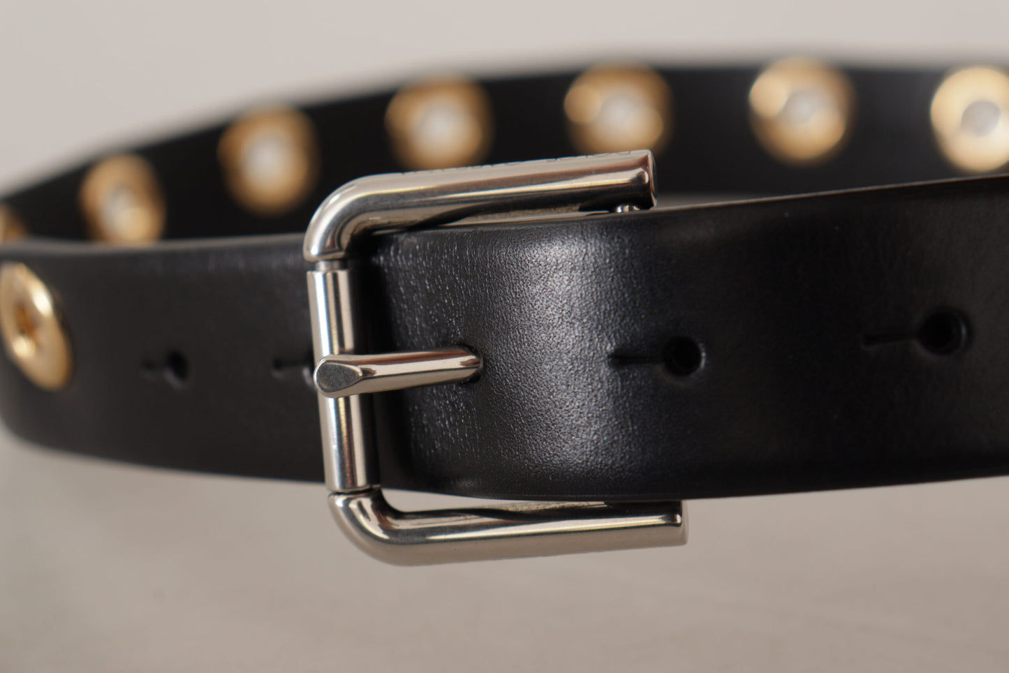 Black Leather Eyelet Silver Tone Metal Buckle Belt