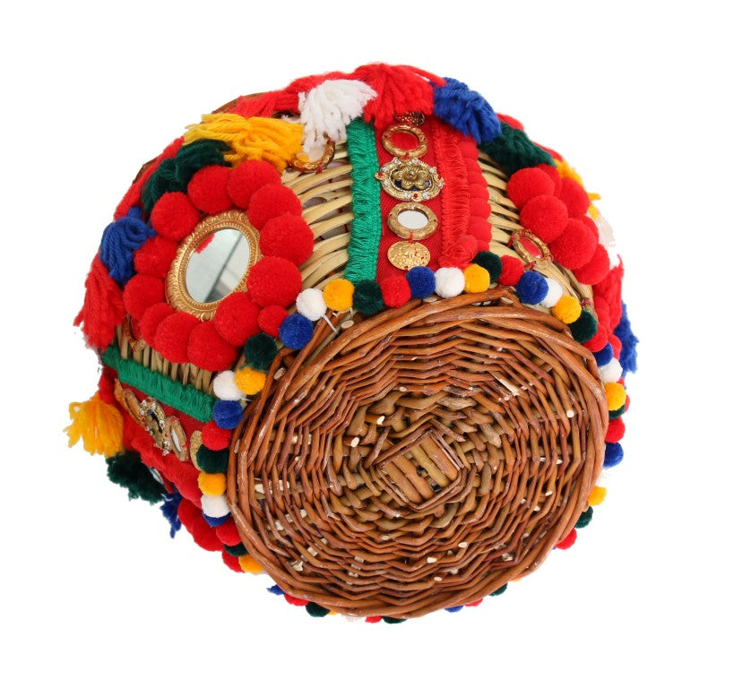 Multicolor AGNESE Straw Crystal  Pom Pom Bag