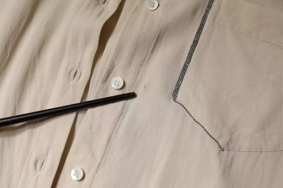 Beige Silk Blend Collared Button Down Top