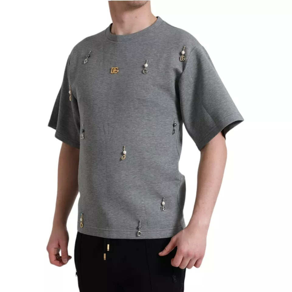 Gray Cotton Embellished Crew Neck T-shirt