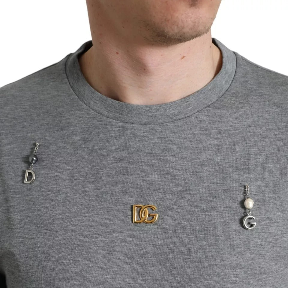 Gray Cotton Embellished Crew Neck T-shirt