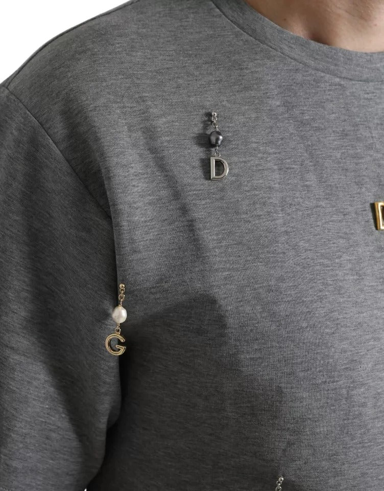 Gray Cotton Embellished Crew Neck T-shirt