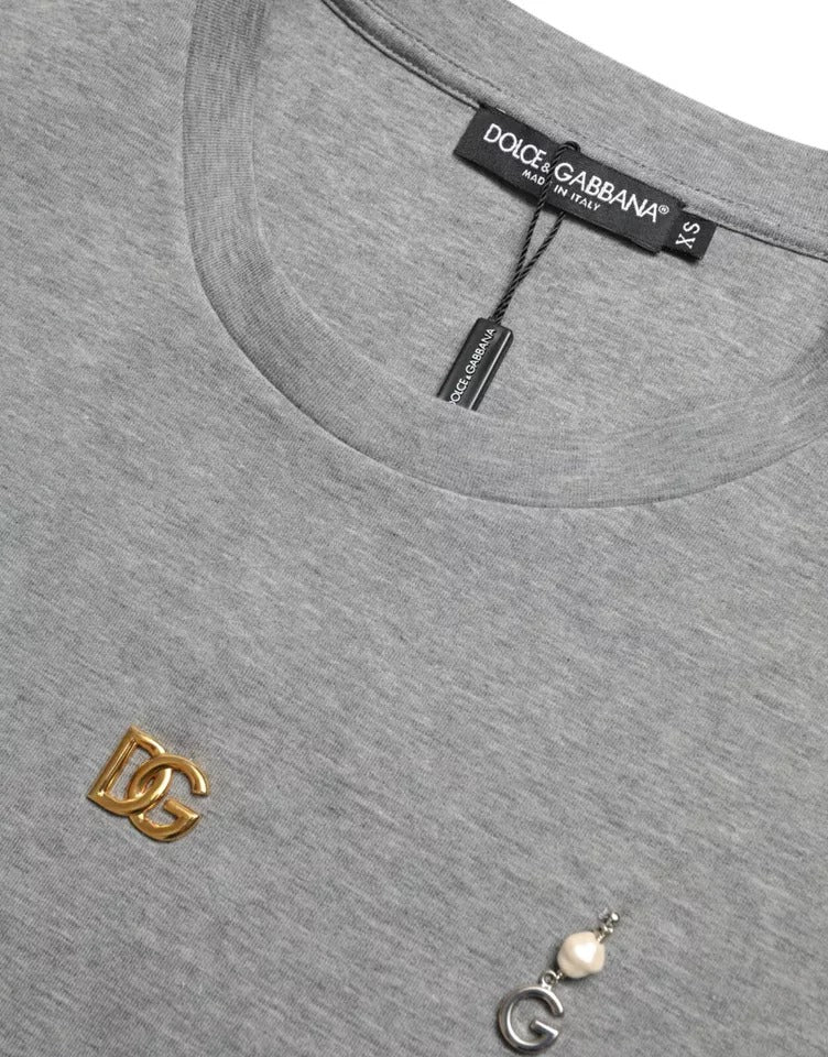 Gray Cotton Embellished Crew Neck T-shirt