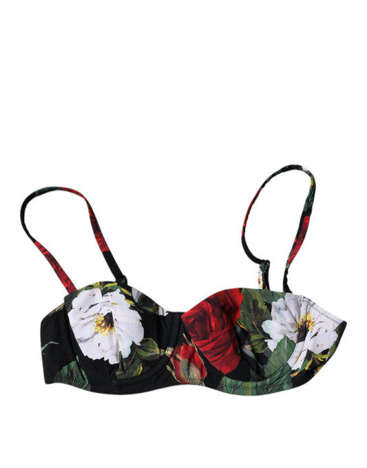 Black Floral Print Nylon Balconcino Bra Underwear