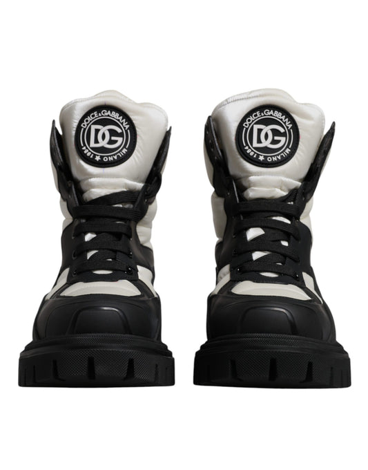 Black White Padded Mid Calf Lace Up Boots Shoes