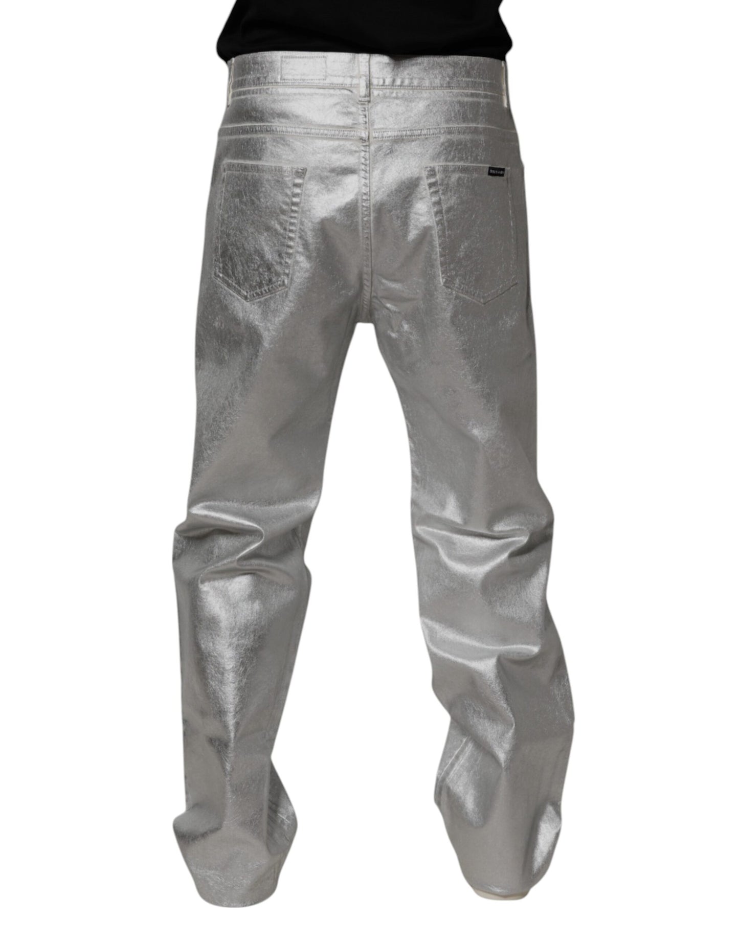Metallic Silver Cotton Straight Denim Jeans