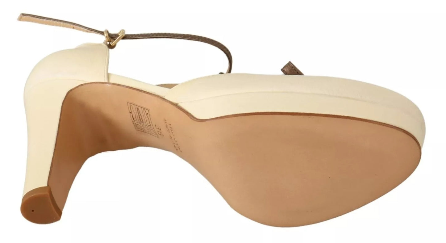 Beige T-Strap Block Heels Pumps Leather Shoes