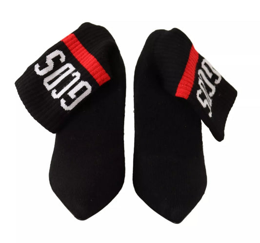 Black Suede Logo Socks Block Heel Ankle Boots Shoes