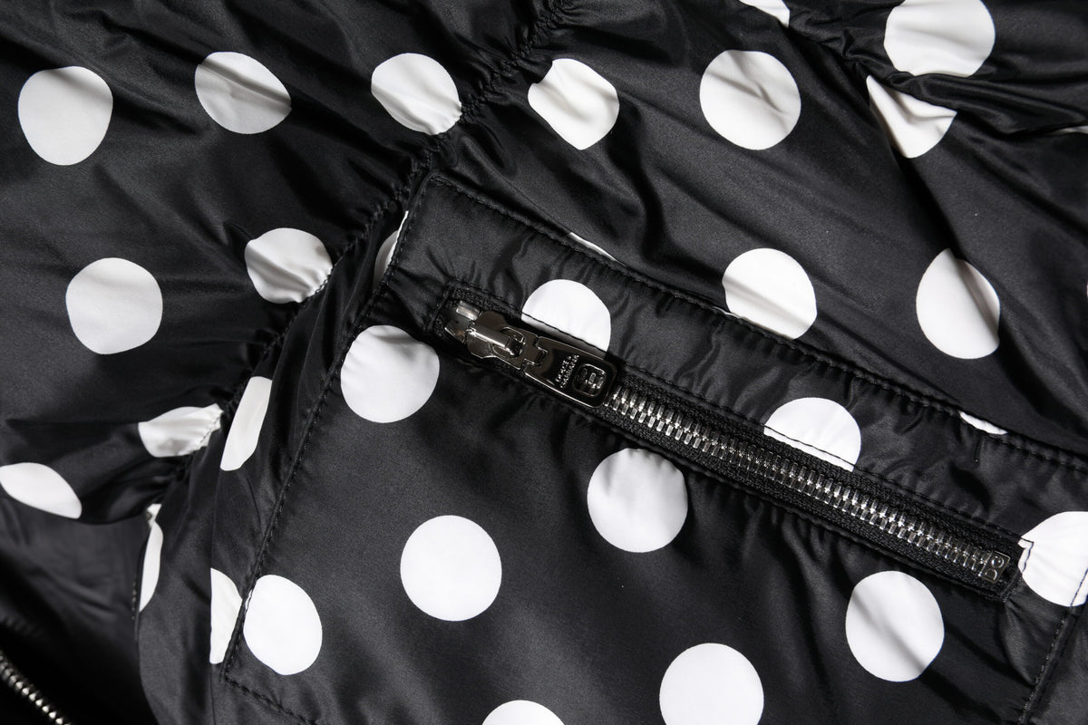 Black White Polka Dot Full Zip Puffer Jacket