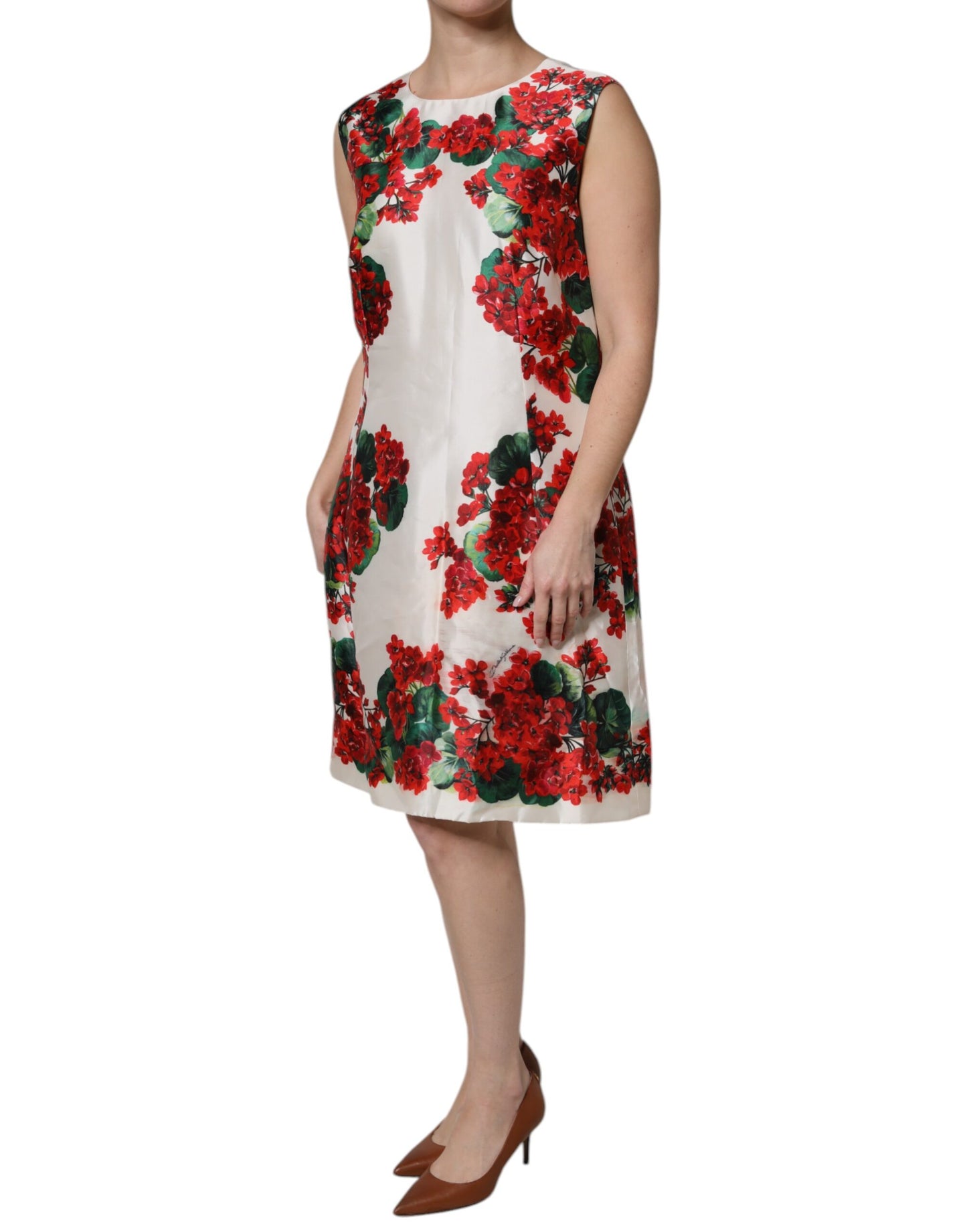 White Floral Printed Silk Knee Length Dress