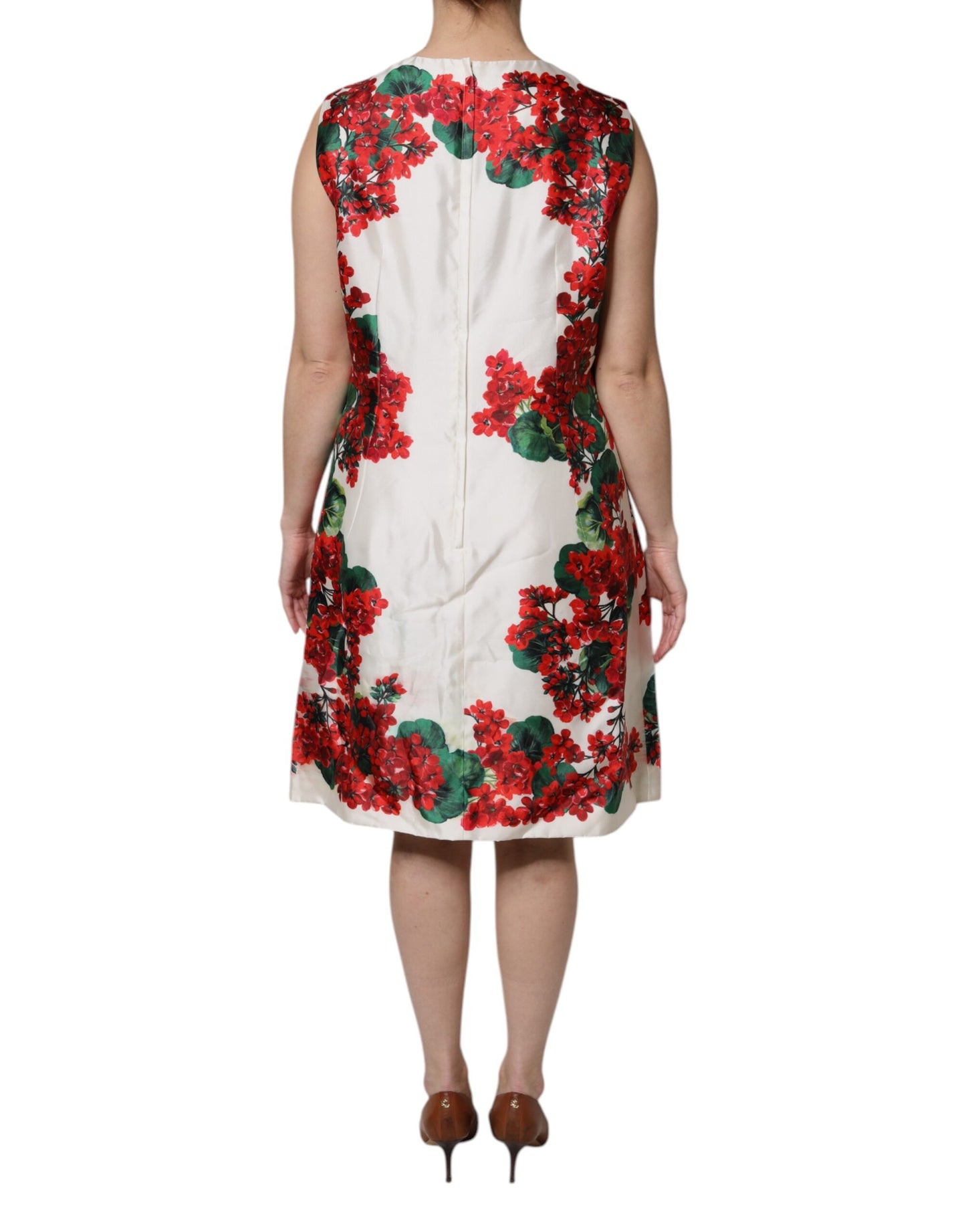White Floral Printed Silk Knee Length Dress