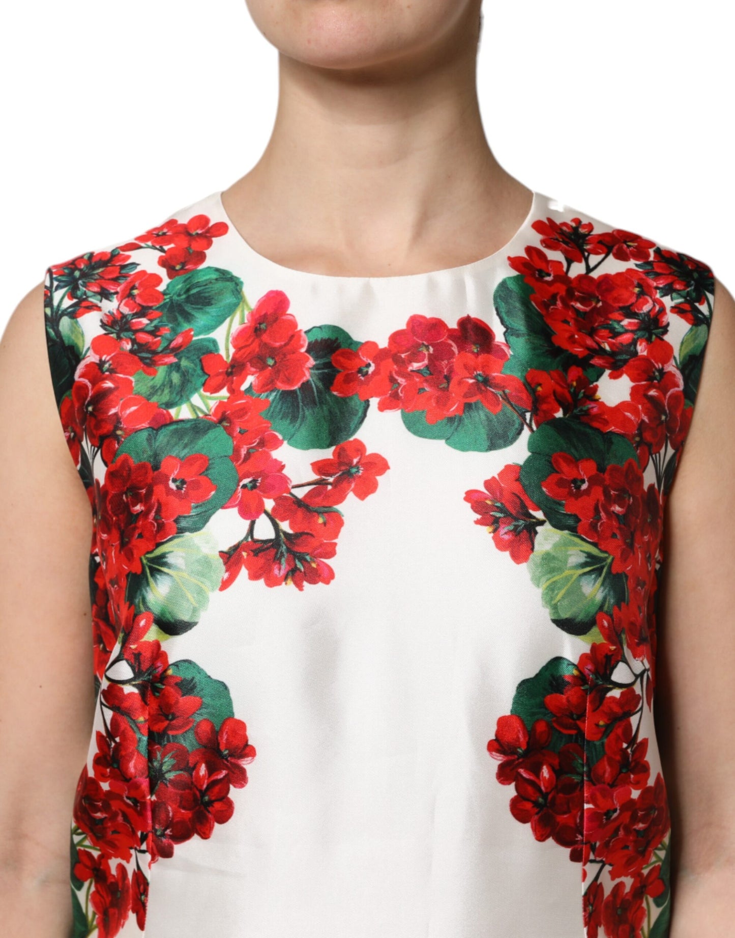 White Floral Printed Silk Knee Length Dress