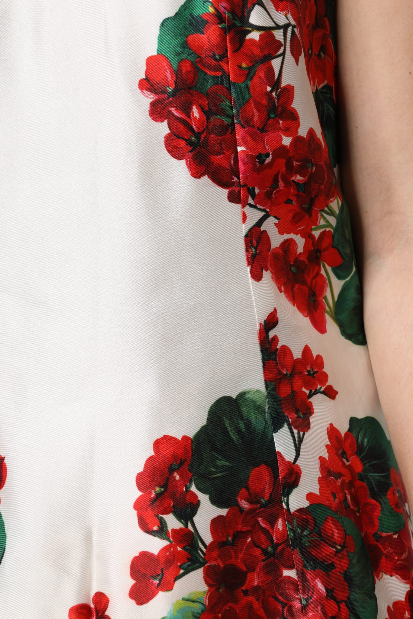 White Floral Printed Silk Knee Length Dress