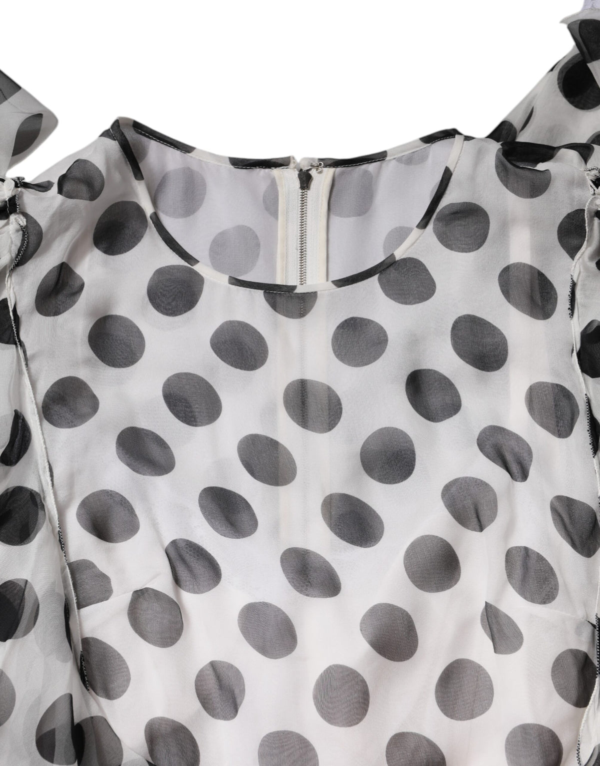 White Polka Dotted Silk Blend A-line Dress