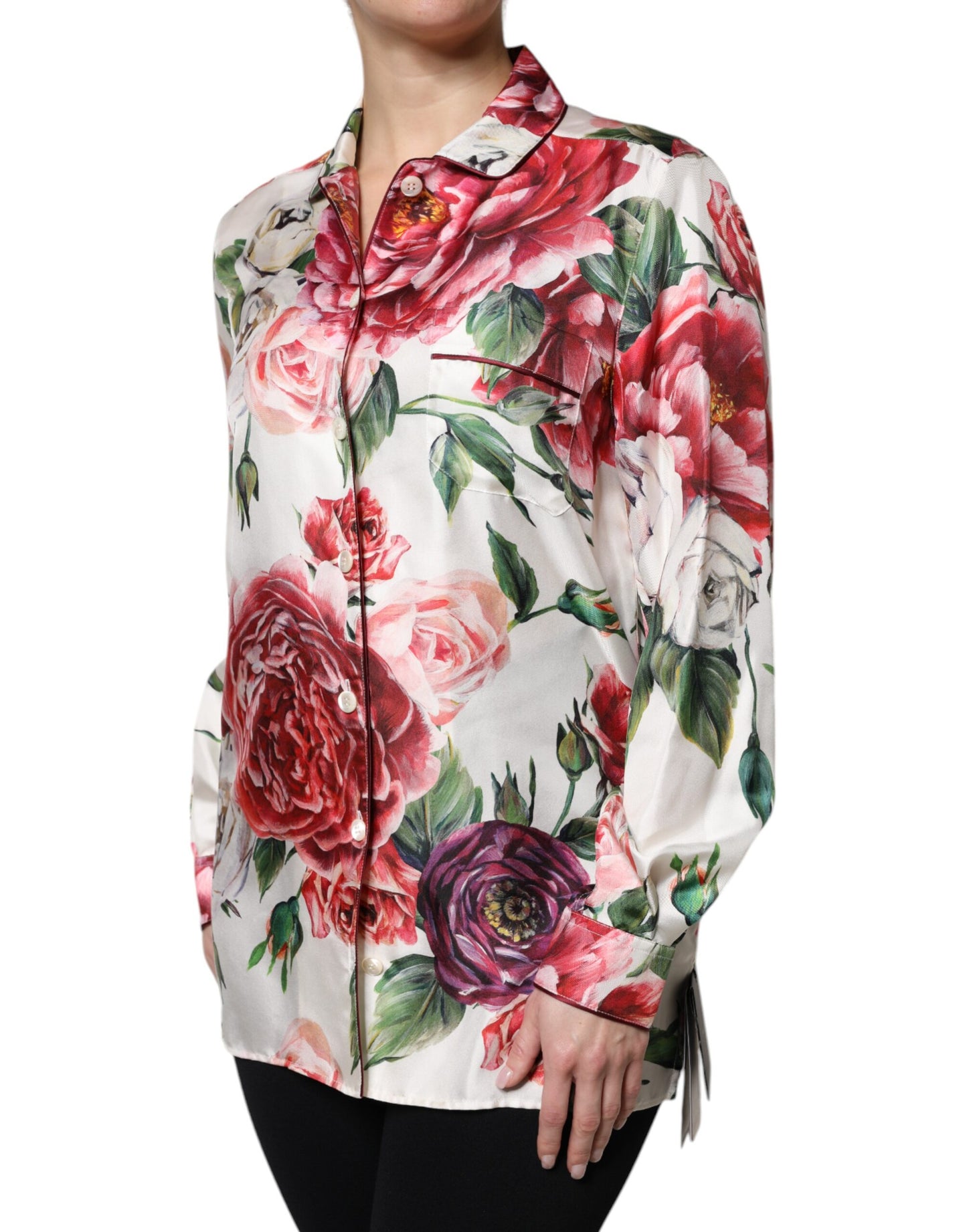 White Floral Silk Lounge Sleepwear Blouse Top