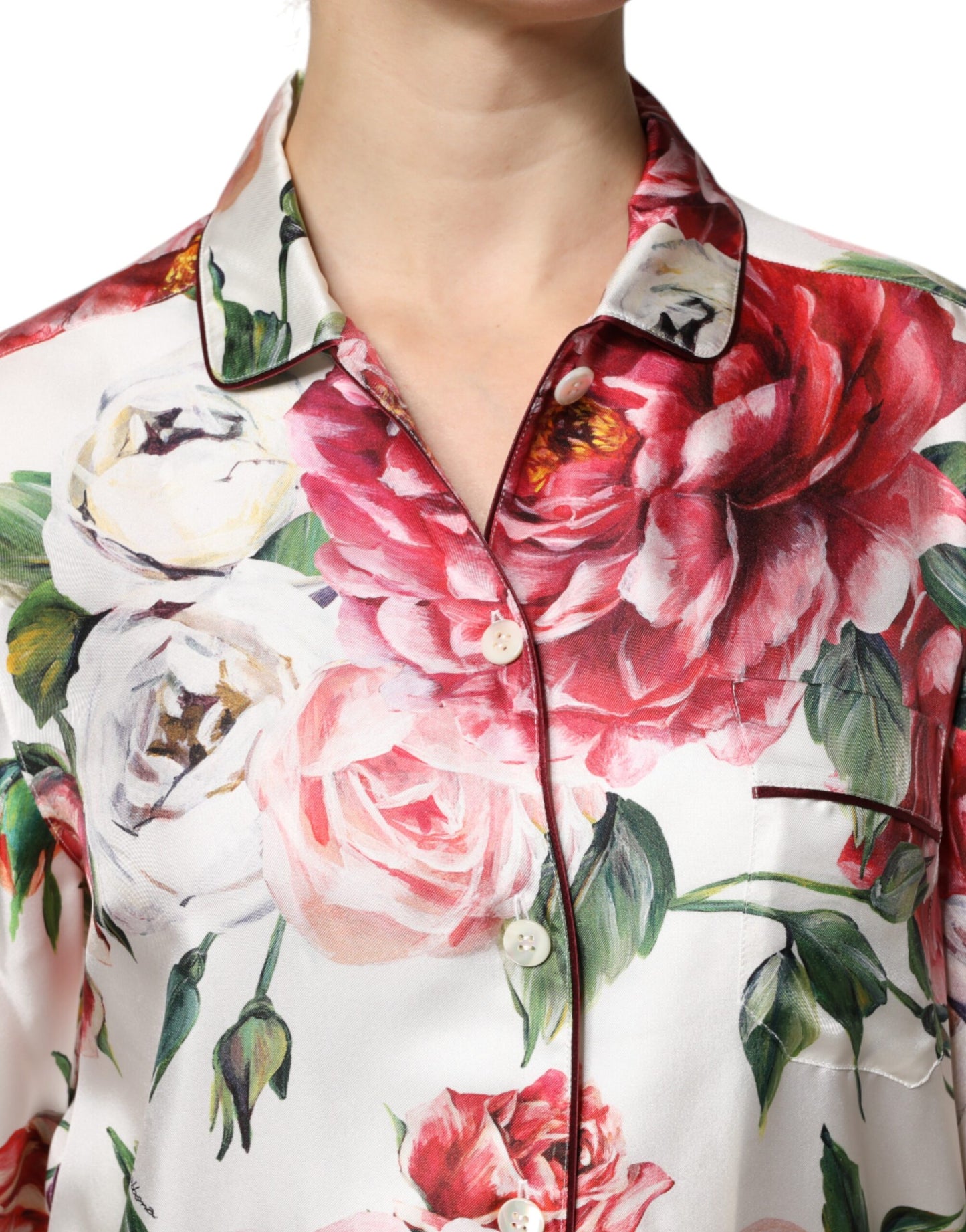 White Floral Silk Lounge Sleepwear Blouse Top