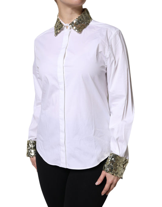 White Cotton Long Sleeves Sequin Shirt Top