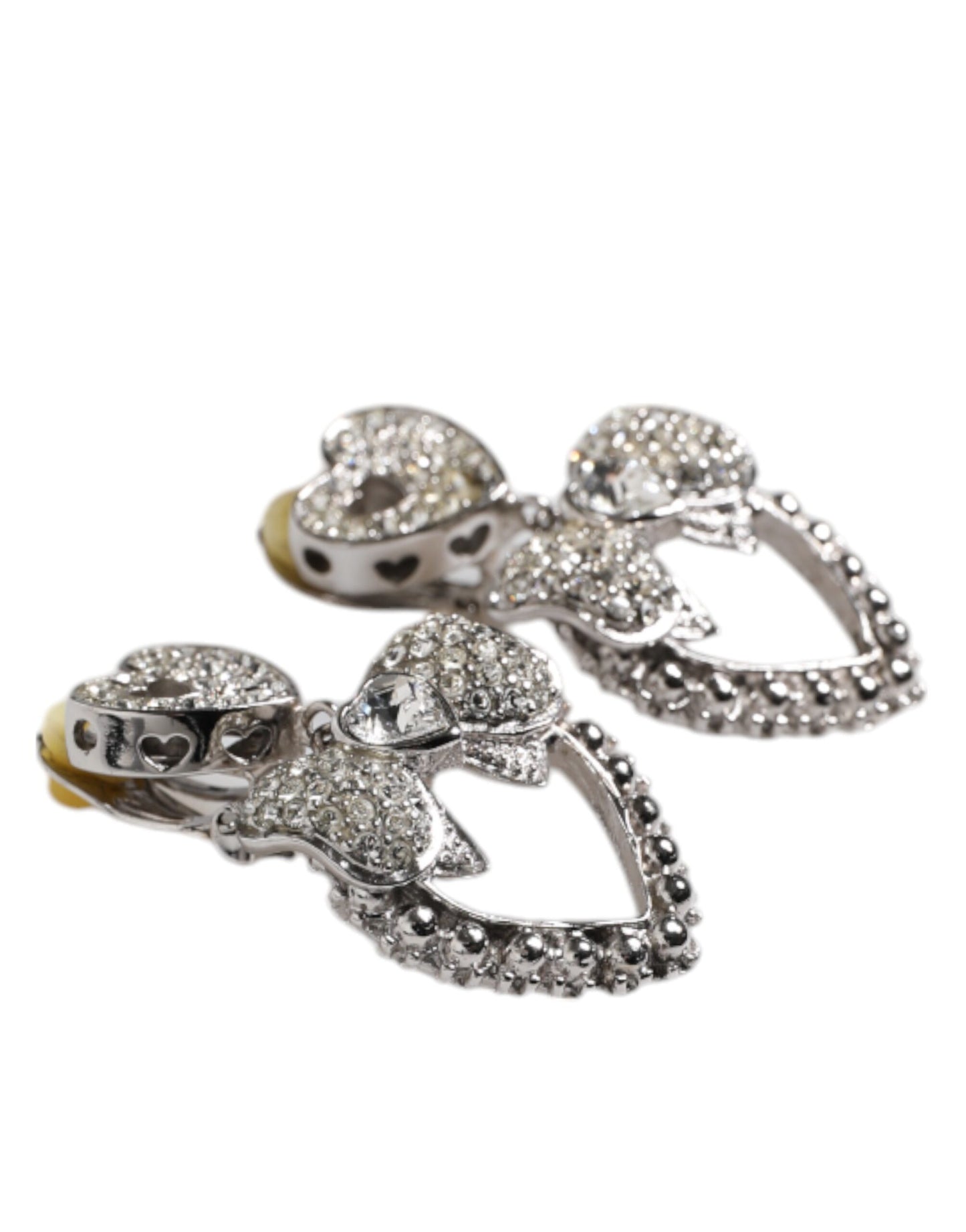 Silver Heart Bow Rhinestones Dangle Clip-On Earrings