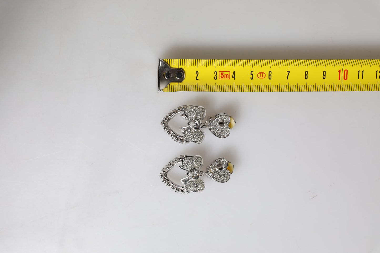 Silver Heart Bow Rhinestones Dangle Clip-On Earrings