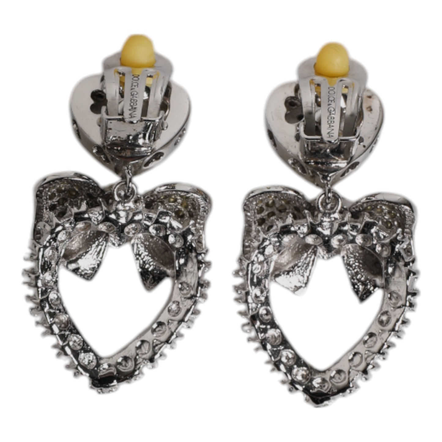 Silver Heart Bow Rhinestones Dangle Clip-On Earrings