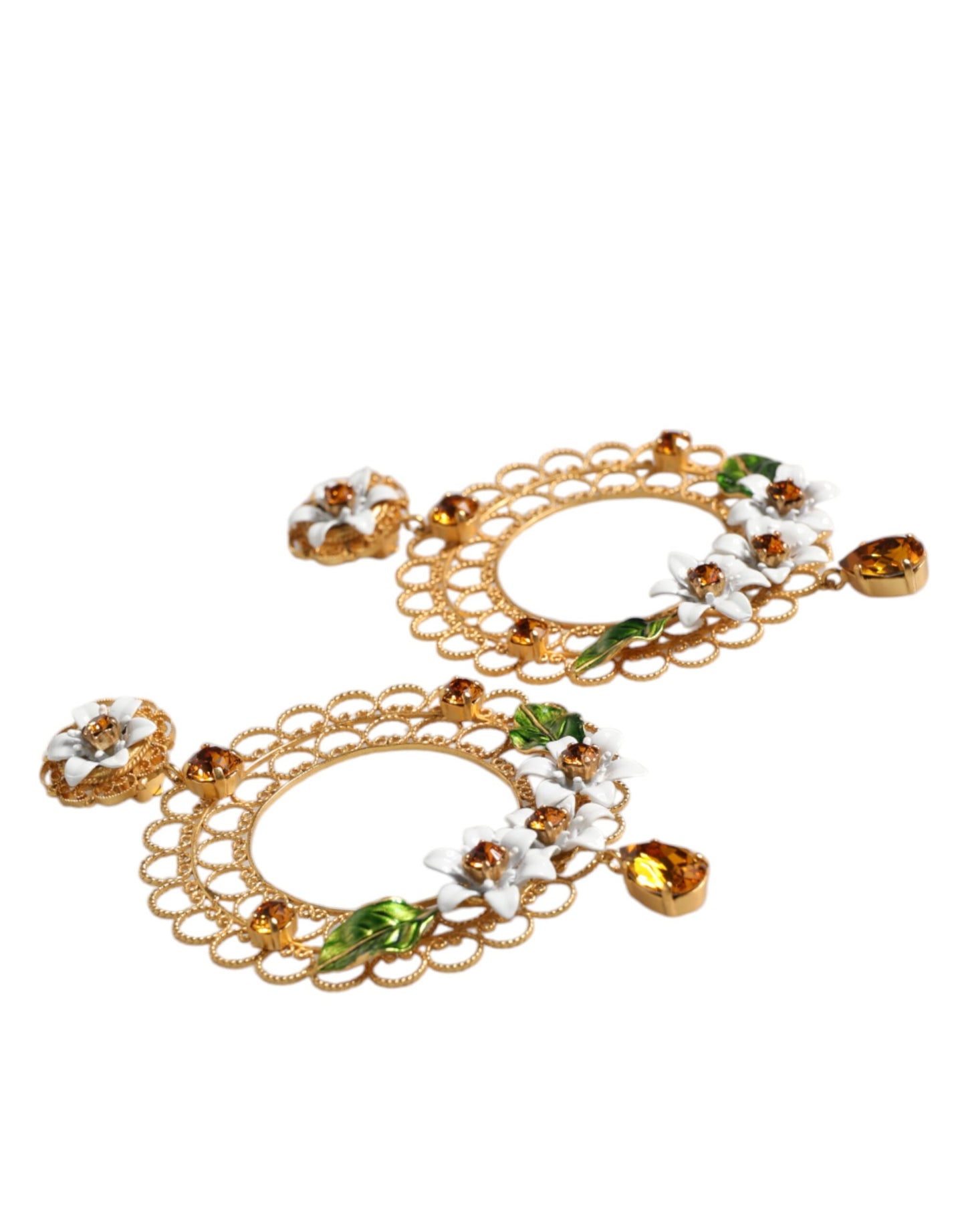 Gold Floral Filigree Hoop Enamel Amber Crystals Earrings