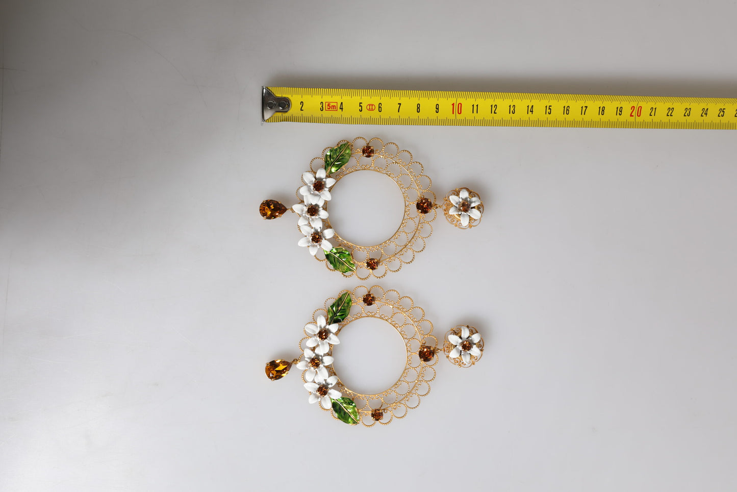 Gold Floral Filigree Hoop Enamel Amber Crystals Earrings