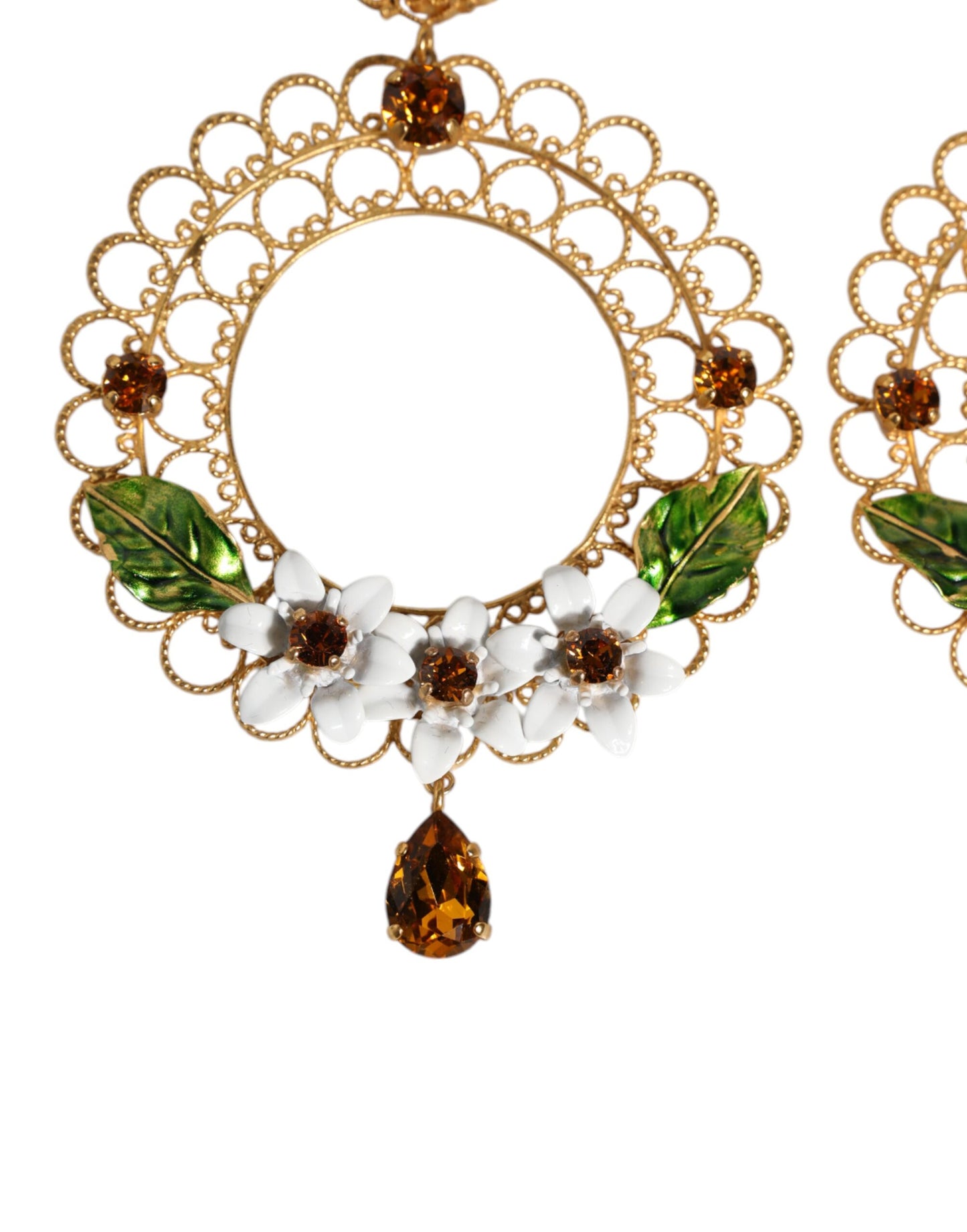 Gold Floral Filigree Hoop Enamel Amber Crystals Earrings