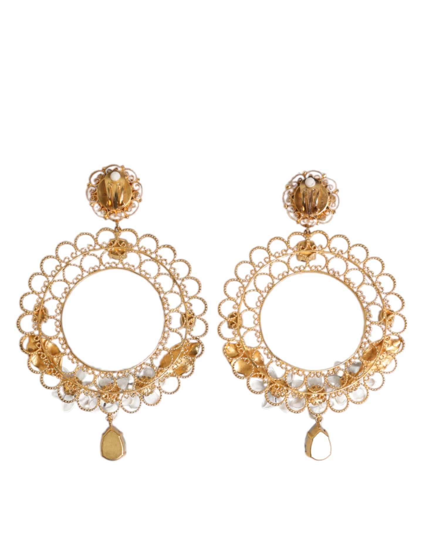 Gold Floral Filigree Hoop Enamel Amber Crystals Earrings
