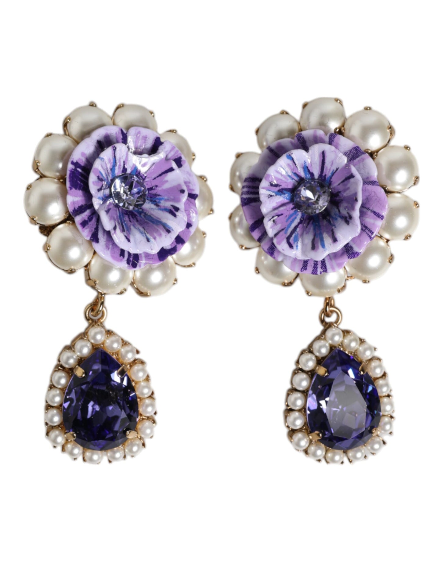 Purple Flower Pearl Teardrop Crystals Clip On Earrings