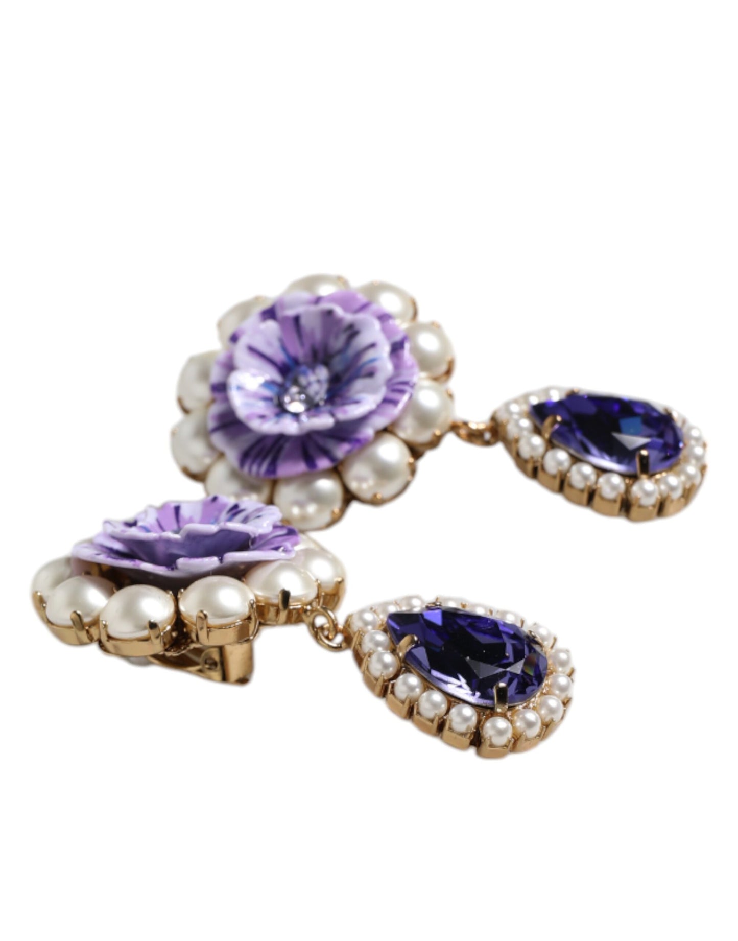 Purple Flower Pearl Teardrop Crystals Clip On Earrings