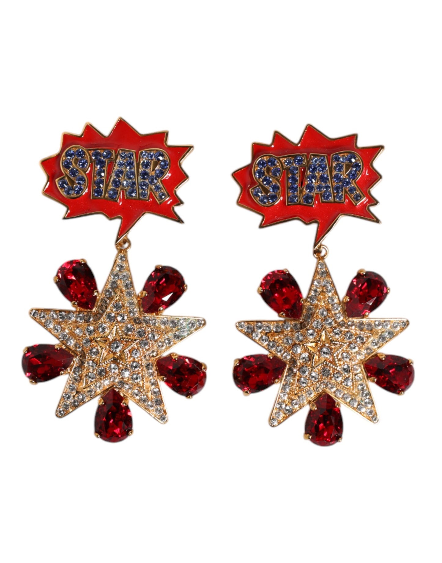 Gold Star-Shaped Sparkling Red Crystals Clip On Earrings