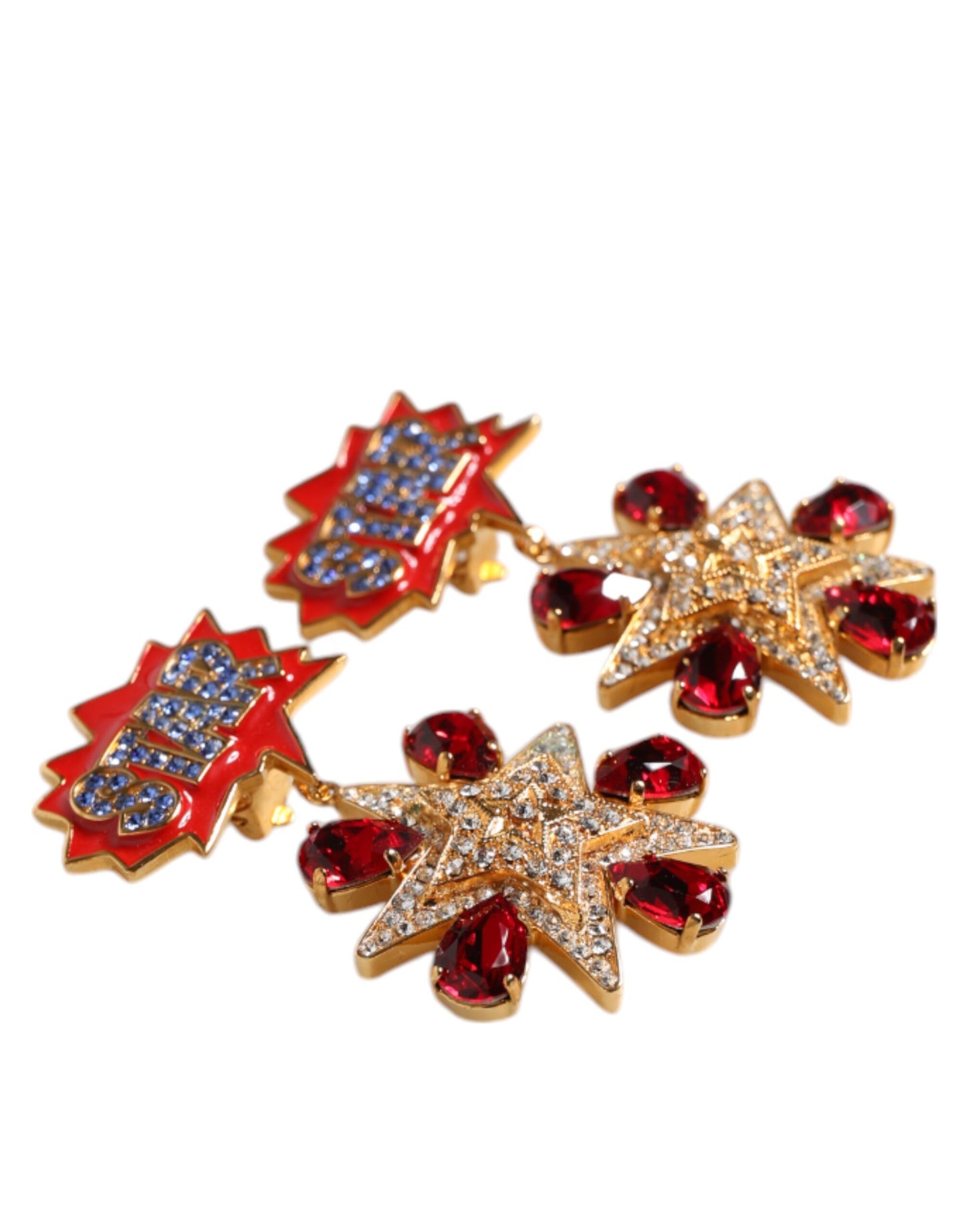 Gold Star-Shaped Sparkling Red Crystals Clip On Earrings