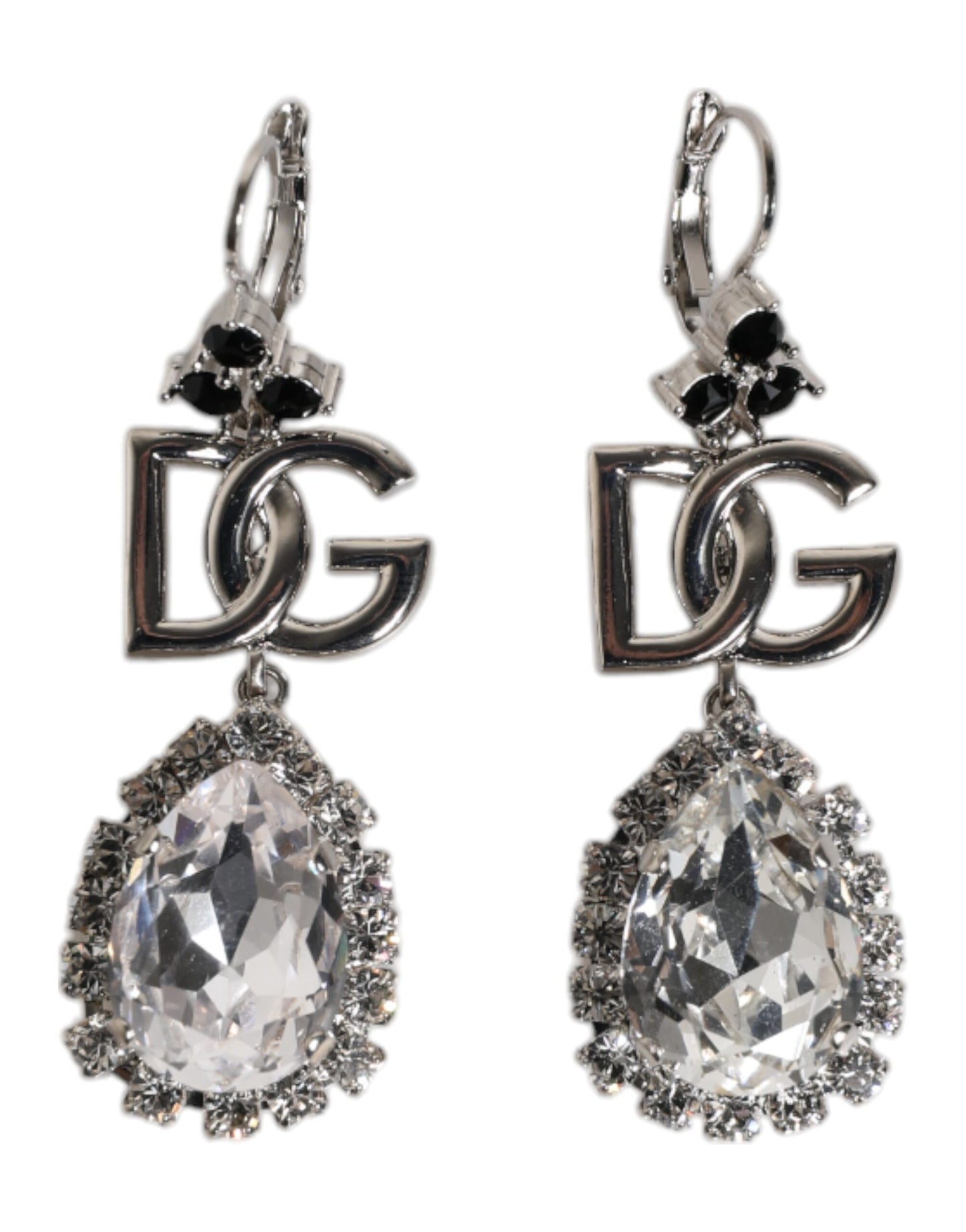 Silver Brass Crystal Teardrop DG Logo Clip On Earrings