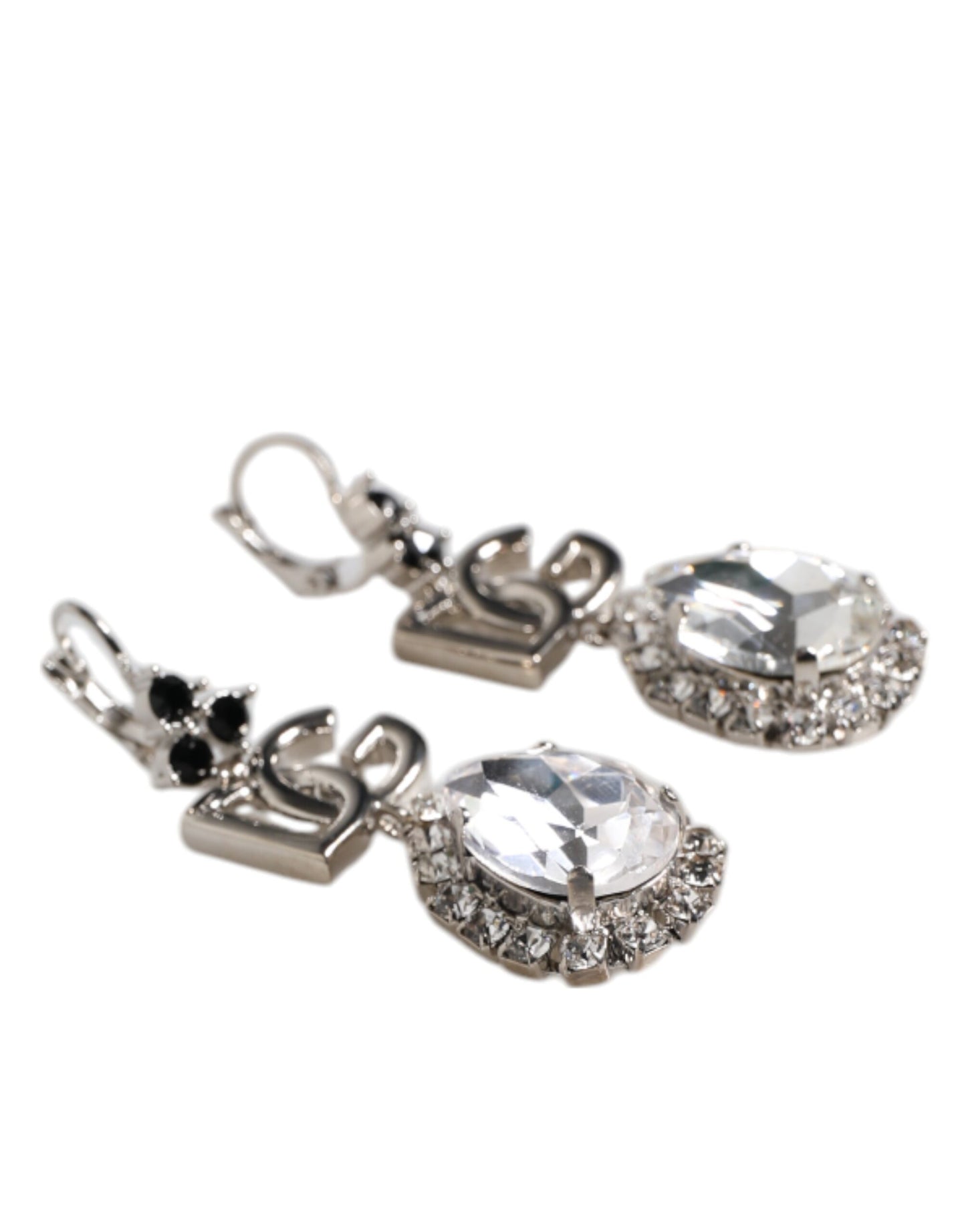 Silver Brass Crystal Teardrop DG Logo Clip On Earrings