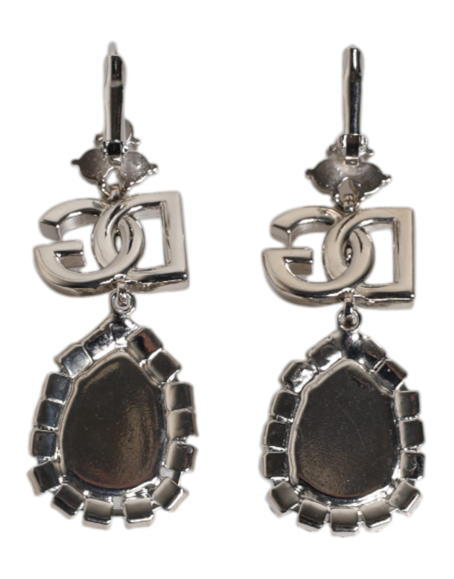 Silver Brass Crystal Teardrop DG Logo Clip On Earrings