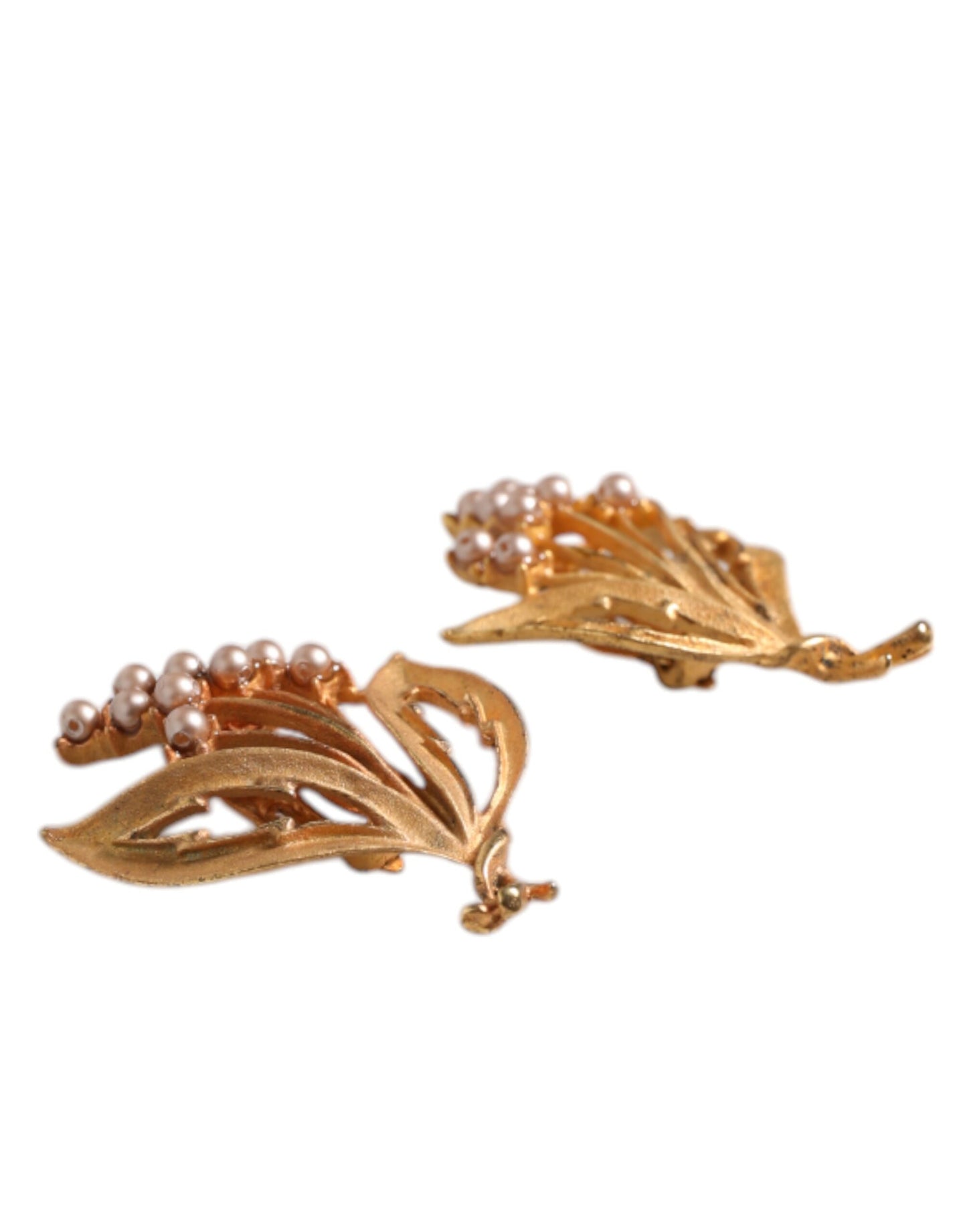 Gold Tone Brass Lily Of The Valley Pearl Clip On Earrings