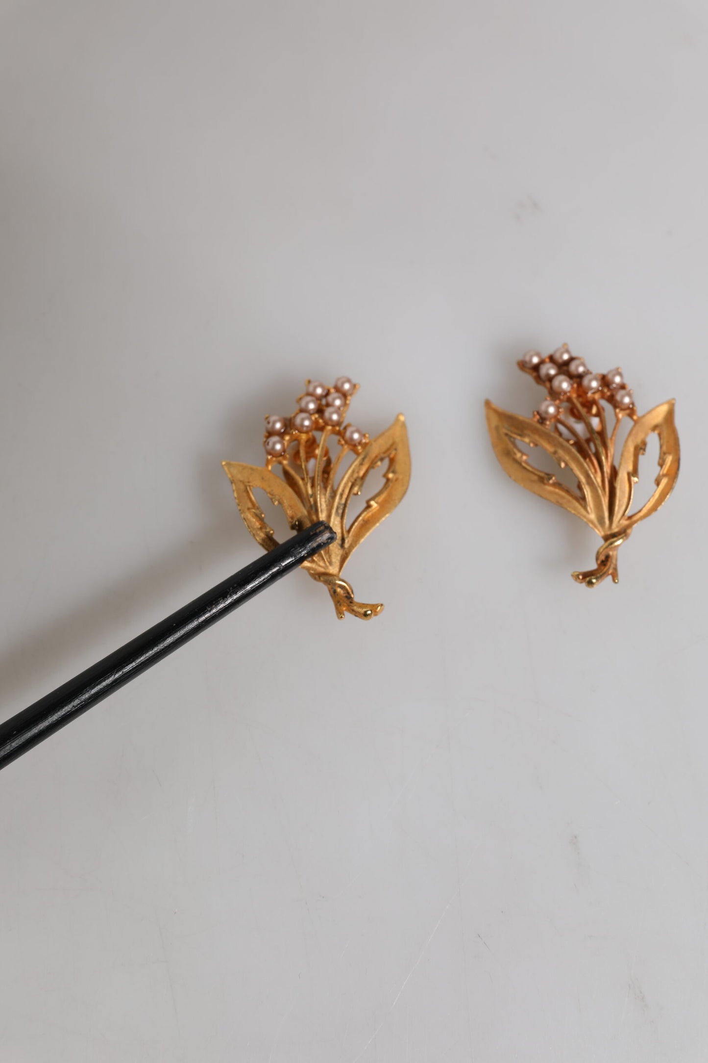 Gold Tone Brass Lily Of The Valley Pearl Clip On Earrings