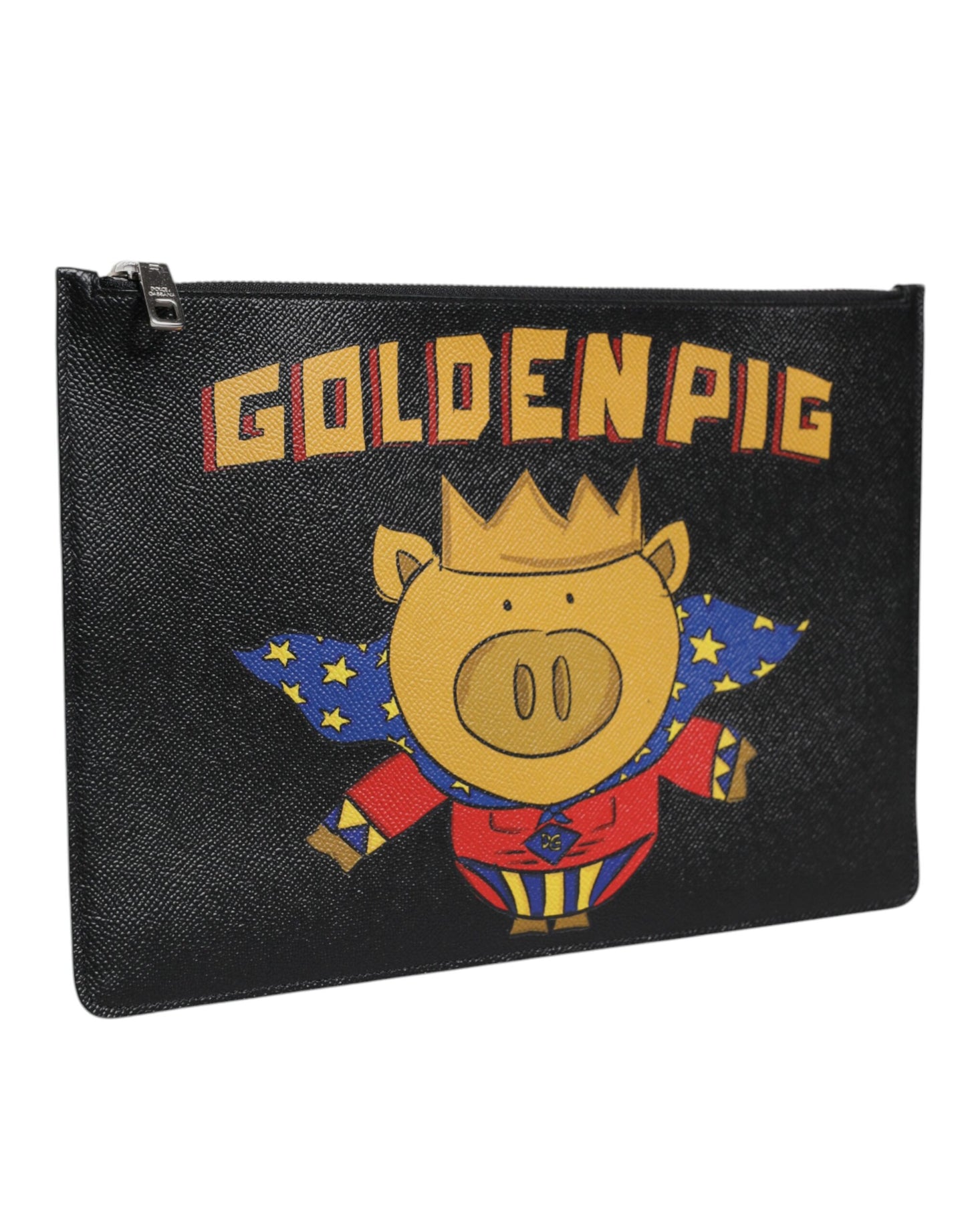 Black Leather Golden Pig Print Logo Plaque Men Pouch Bag