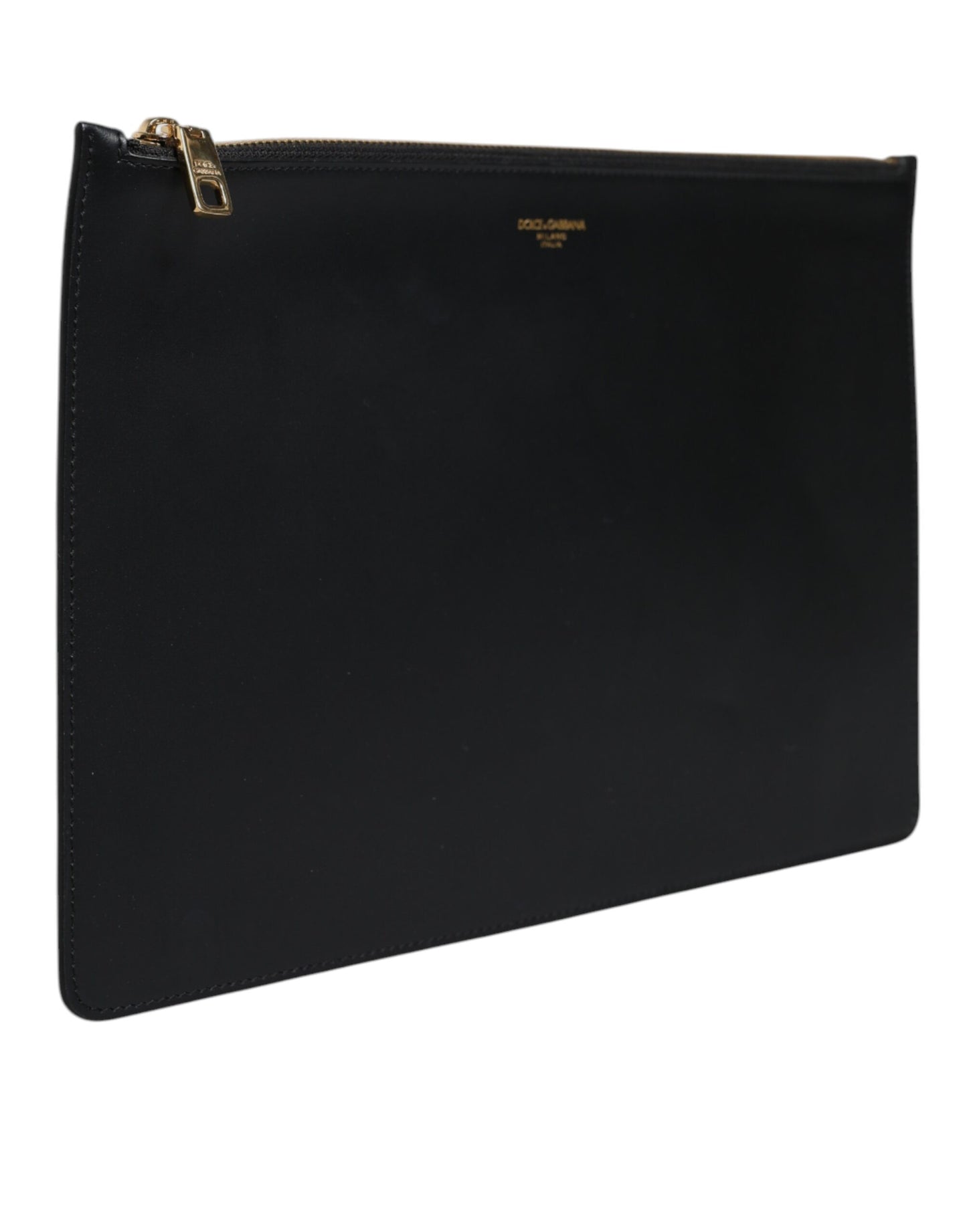 Black Solid Leather DG Logo Clutch Zip Pouch Bag