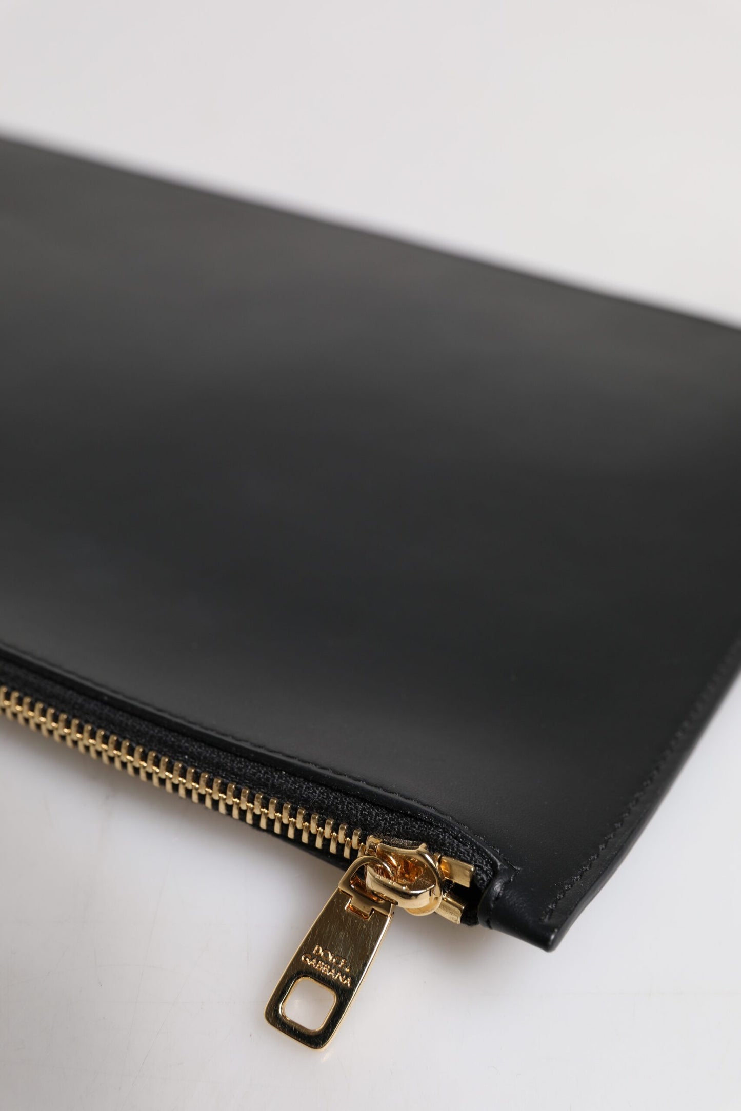 Black Solid Leather DG Logo Clutch Zip Pouch Bag