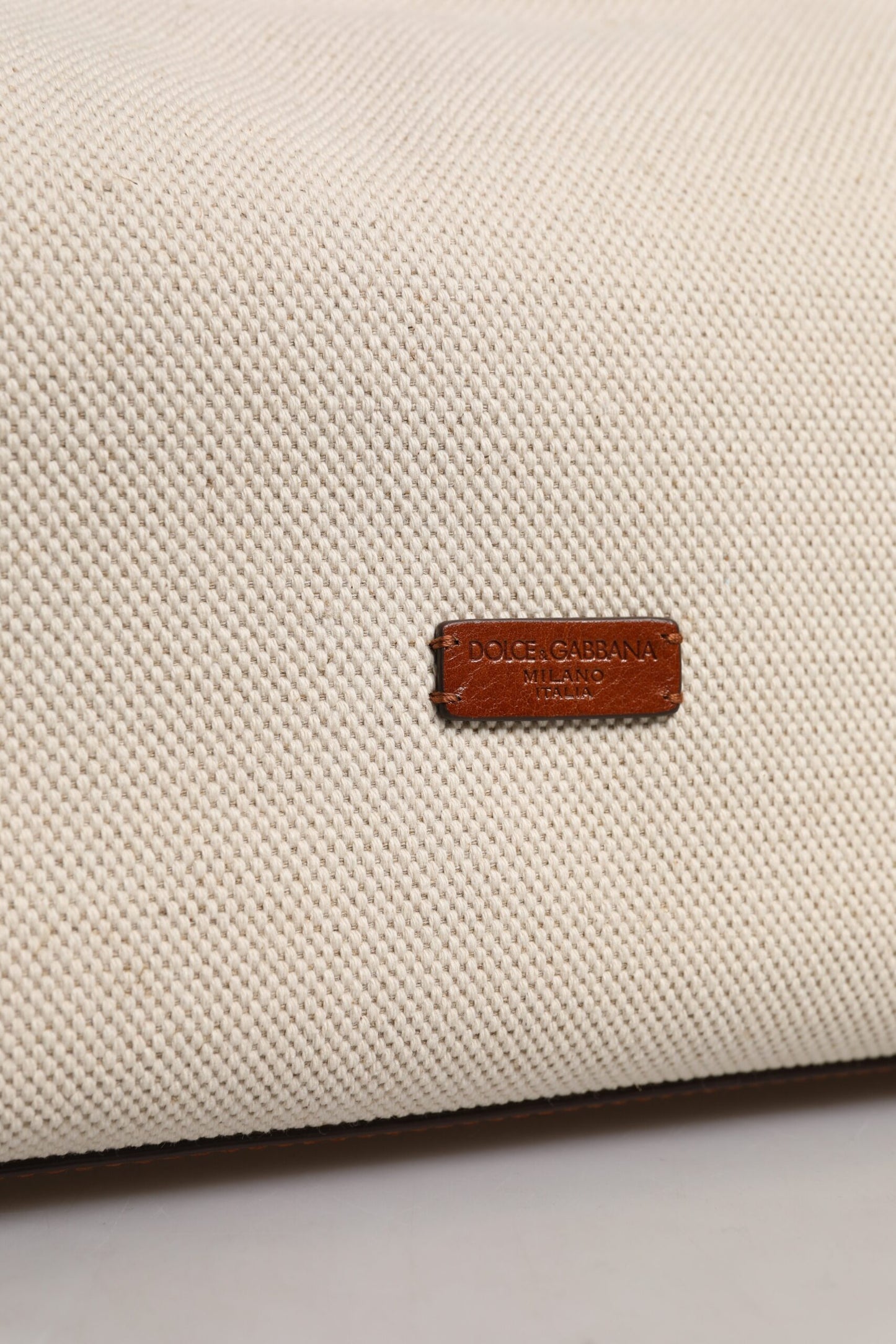 Beige Brown Cotton Leather Duffle Shoulder Bag