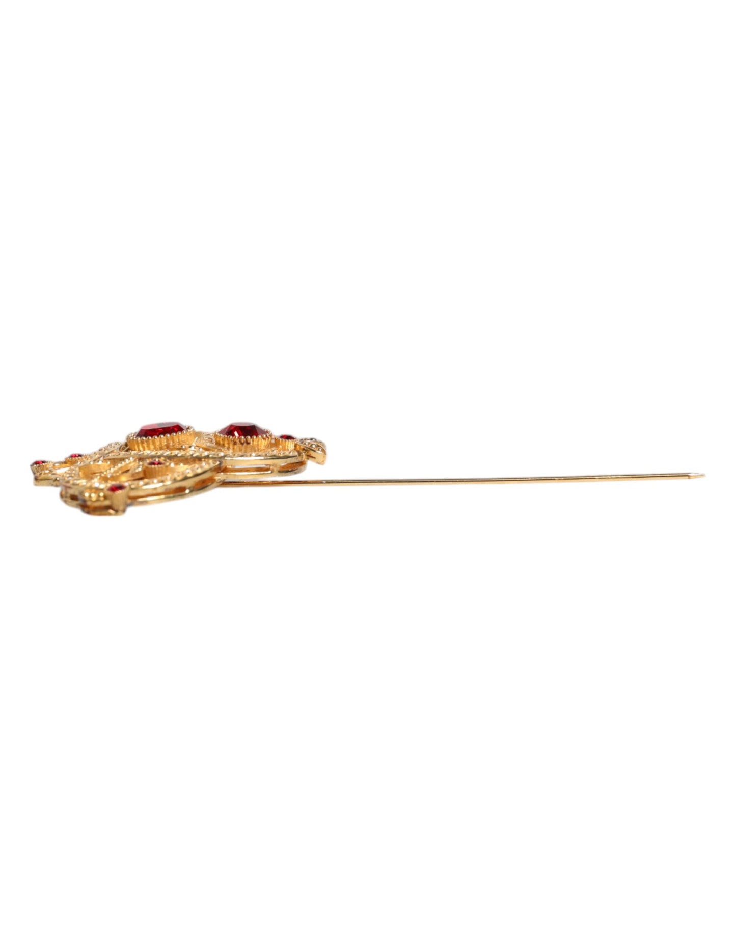 Gold Tone Red Crystal Embellish 925 Sterling Silver Pin
