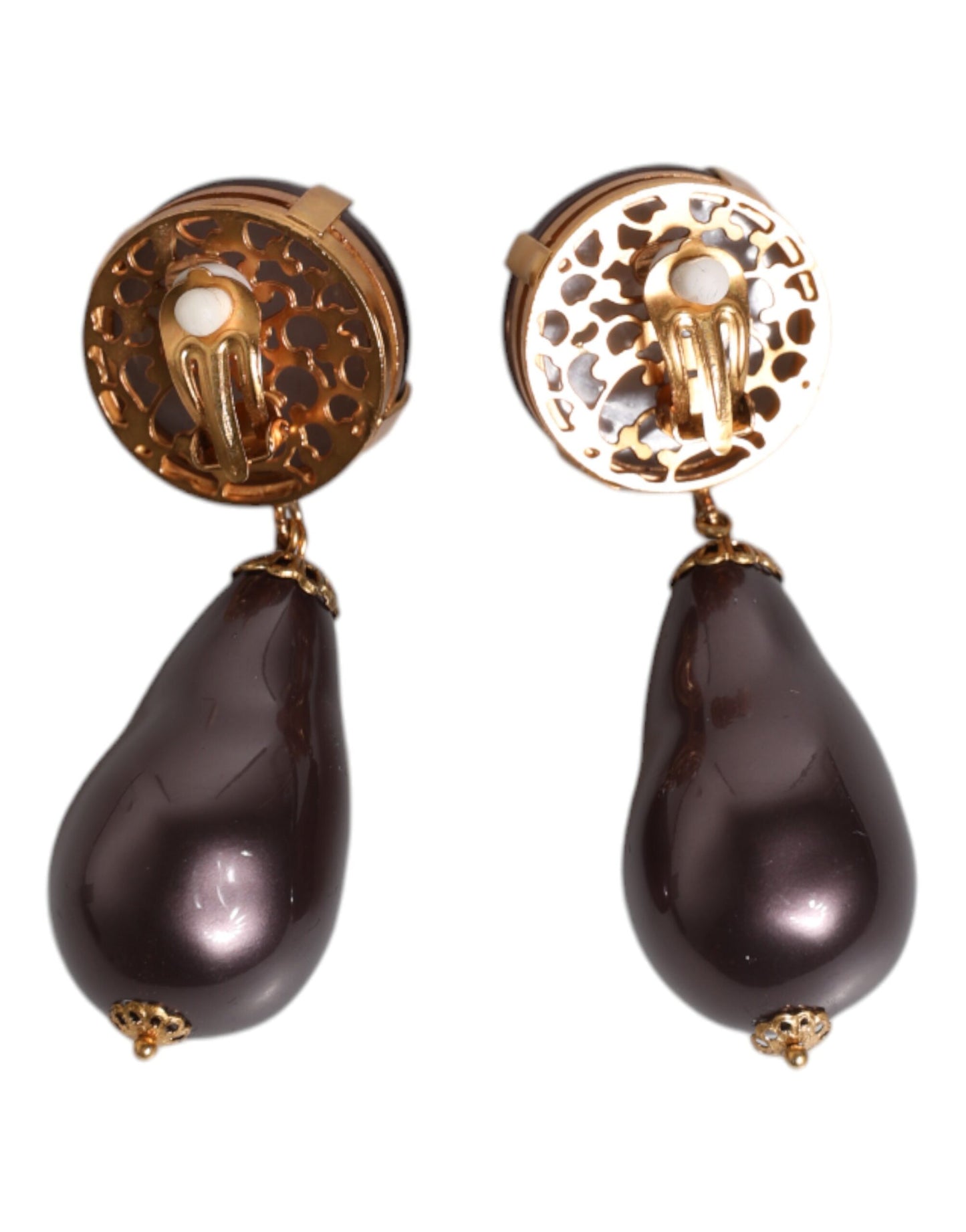 Gold Brass Black Pearl Clip On Dangling Jewelry Earrings