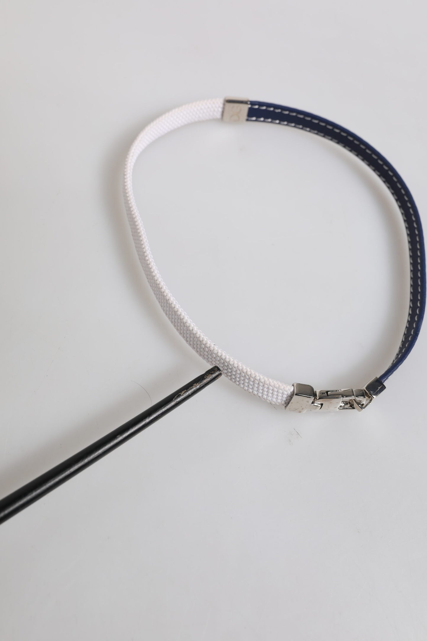 Blue White Leather Trimmed DG Engraved Silver Tone Clasp Bracelet