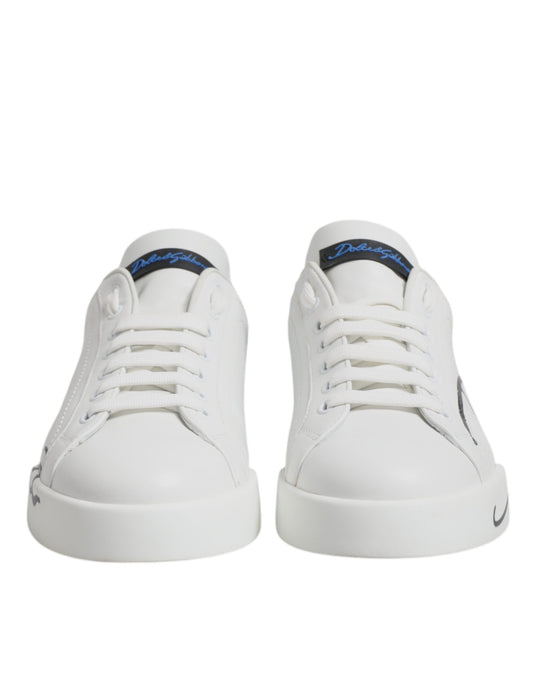 White Blue Leather Logo Low Top Sneakers Shoes