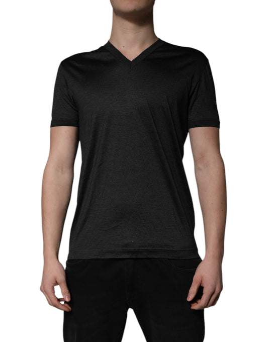Dark Gray Silk V-neck Short Sleeves T-shirt